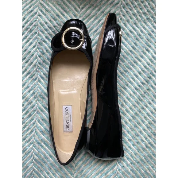 JIMMY CHOO Black Patent Leather Gold Buckle Flats