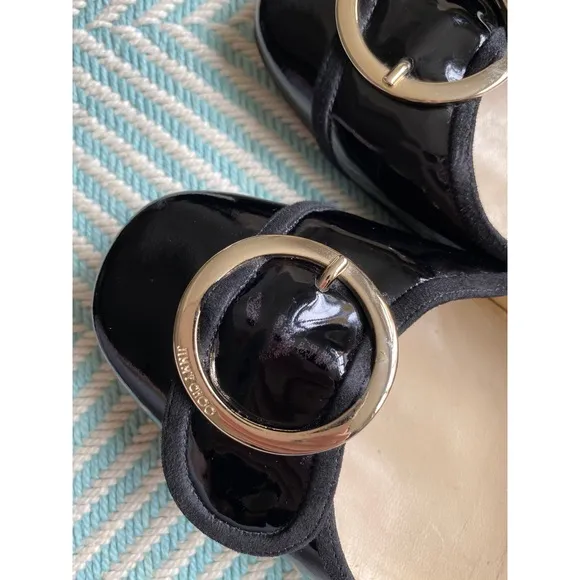 JIMMY CHOO Black Patent Leather Gold Buckle Flats