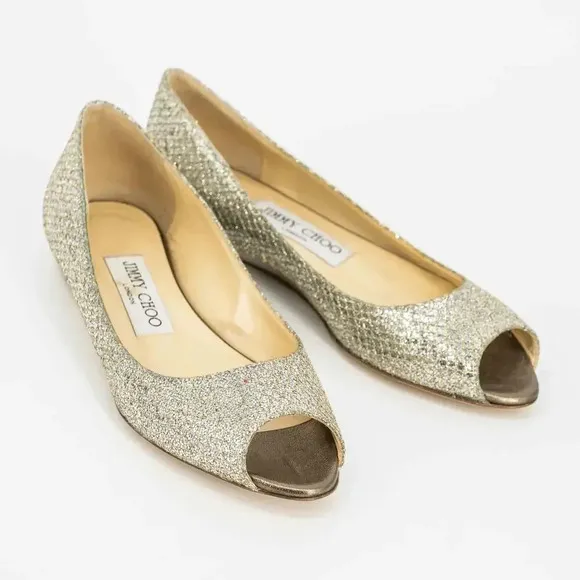 Jimmy Choo Gold Glitter Peep Toe Flats Size 6