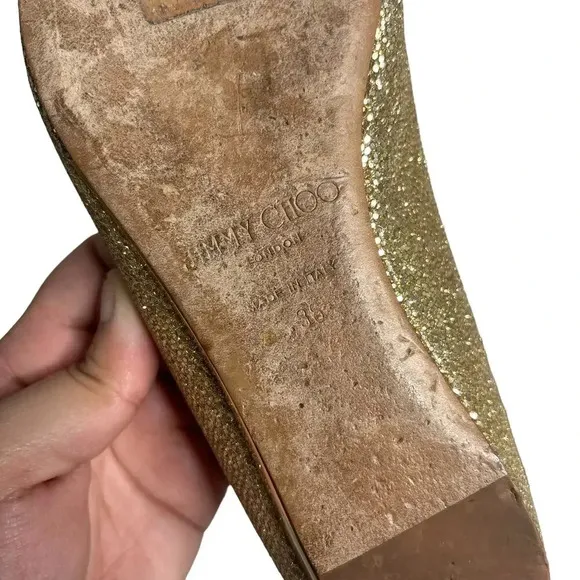 Jimmy Choo Gold Glitter Peep Toe Flats Size 6