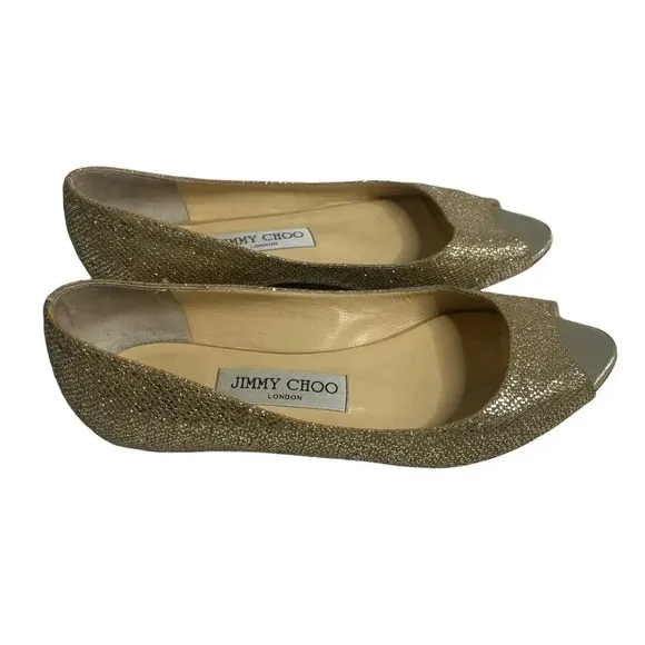 Jimmy Choo Gold Glitter Peep Toe Flats Size 6