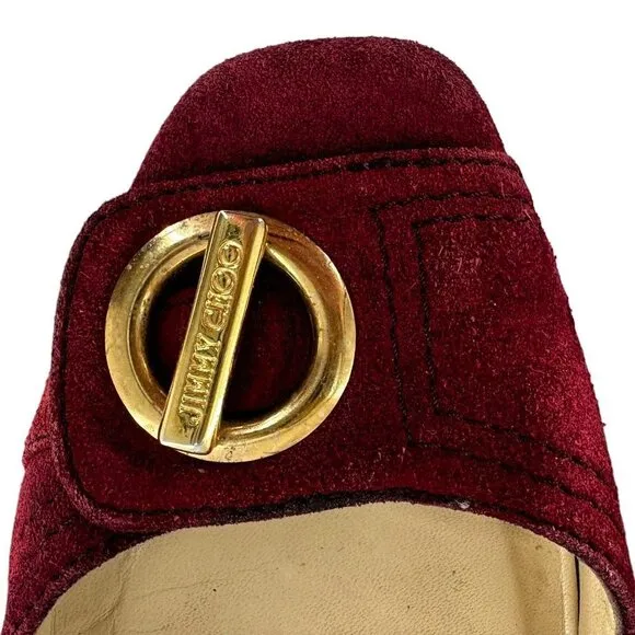 JIMMY CHOO Maroon Red Suede Square Toe Logo Buckle Flats Size 39.5 / US 9.5