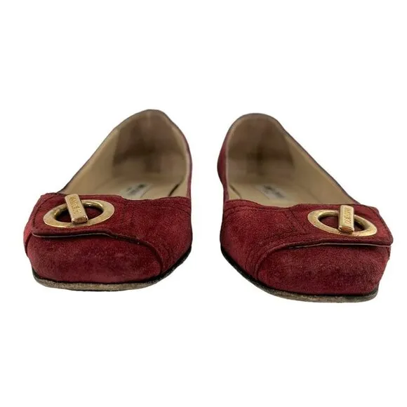 JIMMY CHOO Maroon Red Suede Square Toe Logo Buckle Flats Size 39.5 / US 9.5