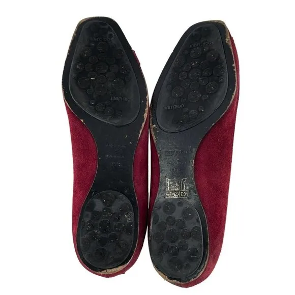 JIMMY CHOO Maroon Red Suede Square Toe Logo Buckle Flats Size 39.5 / US 9.5