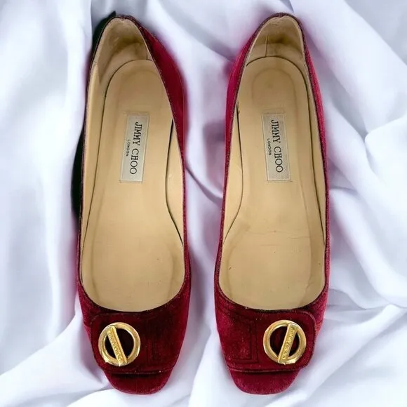 JIMMY CHOO Maroon Red Suede Square Toe Logo Buckle Flats Size 39.5 / US 9.5