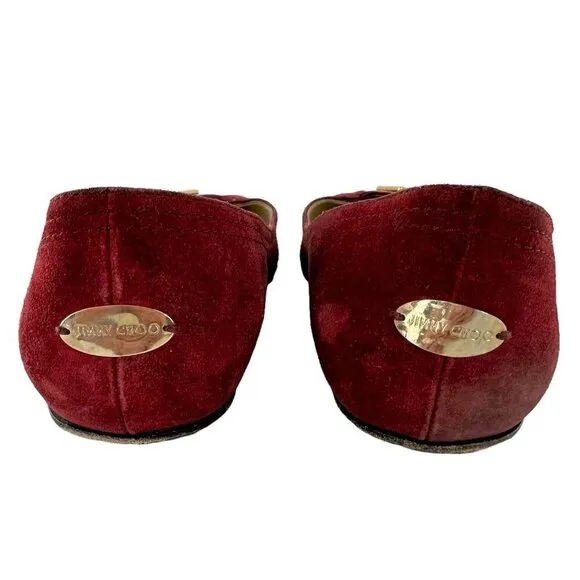 JIMMY CHOO Maroon Red Suede Square Toe Logo Buckle Flats Size 39.5 / US 9.5