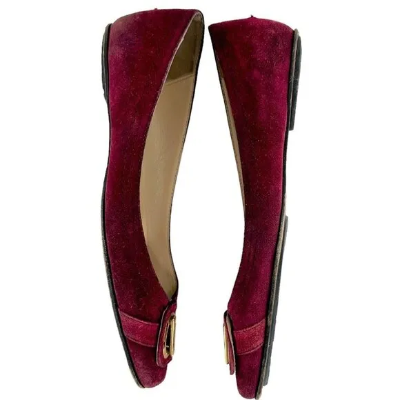JIMMY CHOO Maroon Red Suede Square Toe Logo Buckle Flats Size 39.5 / US 9.5
