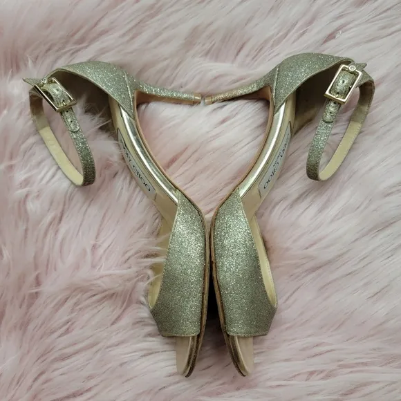 Jimmy Choo platinum ice glitter Annie peep toe heeled sandals used condi…