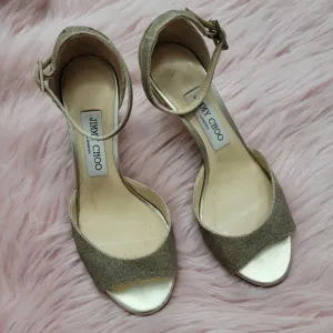 Jimmy Choo platinum ice glitter Annie peep toe heeled sandals used condi…