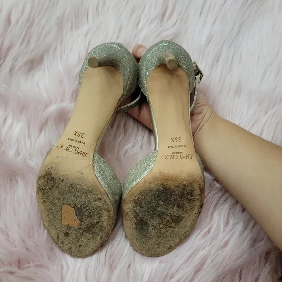 Jimmy Choo platinum ice glitter Annie peep toe heeled sandals used condi…