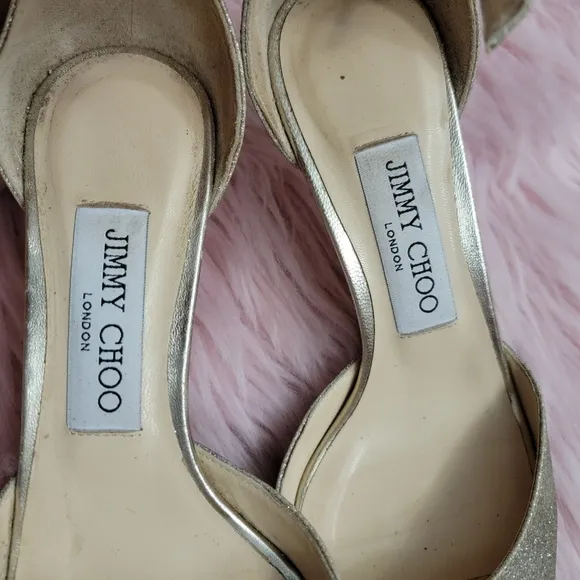 Jimmy Choo platinum ice glitter Annie peep toe heeled sandals used condi…