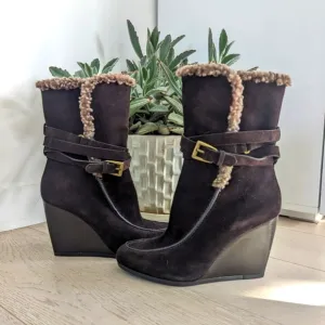 JOAN &amp; DAVID DAFLORITA Brown Suede Wedge Ankle Boots, Shearling Trim; Size 8.5 M