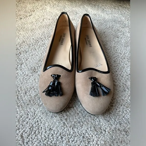 Jon Josef Anthro‎ Womens Tassel Suede Leather Flat Loafers Size 9.5 Tan &amp; Black