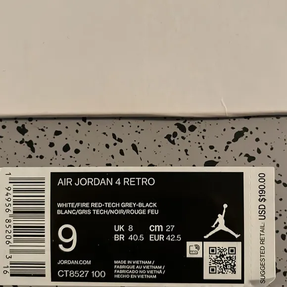 Jordan 4 Retro White Oreo Sz 9