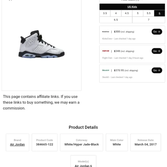 Jordan 6 Retro Hyper Jade 6Y/Wo.7½