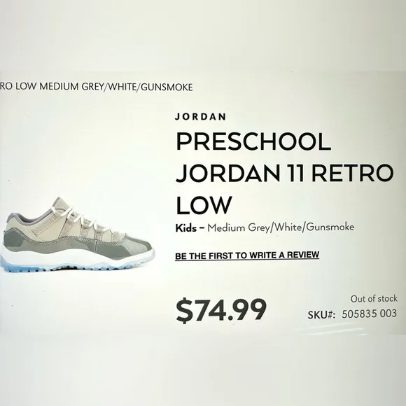 Jordon 11 Retro Low-Top Kids Sneakers Medium Gray/White/Gunsmoke