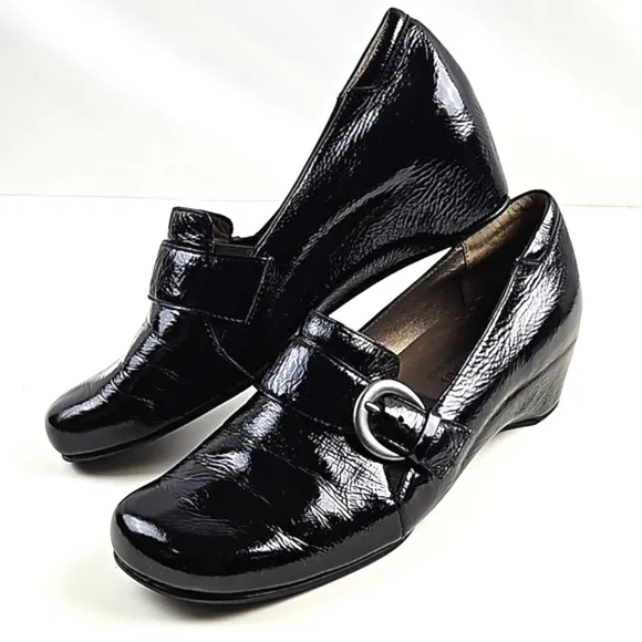 Josef Seibel Black Patent Leather Squared Toe Buckle Strap Slip On Wedge Loafer