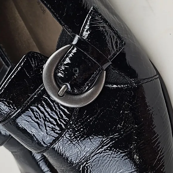 Josef Seibel Black Patent Leather Squared Toe Buckle Strap Slip On Wedge Loafer