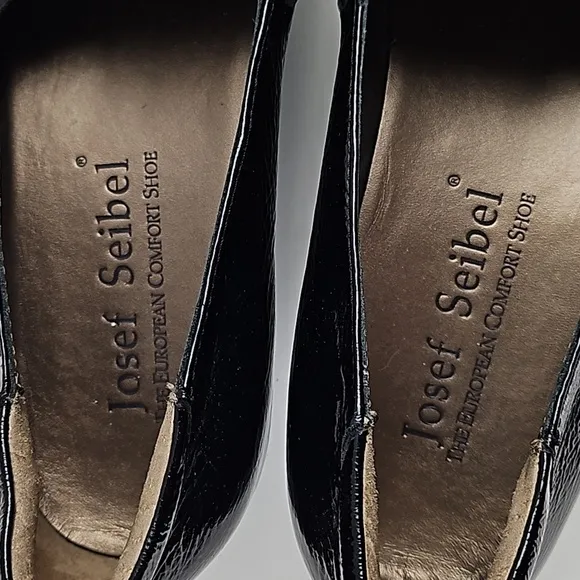 Josef Seibel Black Patent Leather Squared Toe Buckle Strap Slip On Wedge Loafer