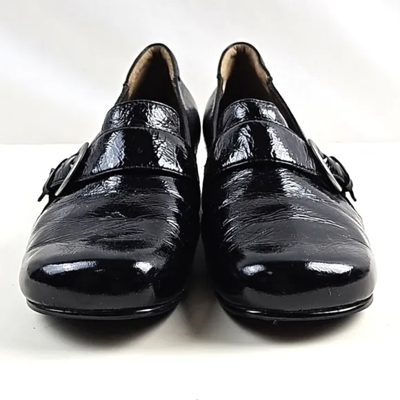 Josef Seibel Black Patent Leather Squared Toe Buckle Strap Slip On Wedge Loafer