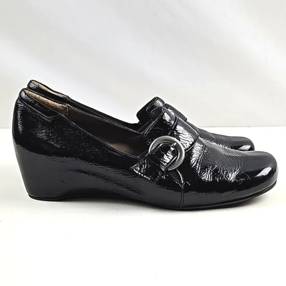 Josef Seibel Black Patent Leather Squared Toe Buckle Strap Slip On Wedge Loafer