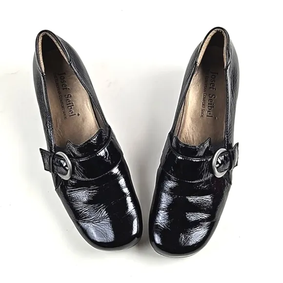 Josef Seibel Black Patent Leather Squared Toe Buckle Strap Slip On Wedge Loafer