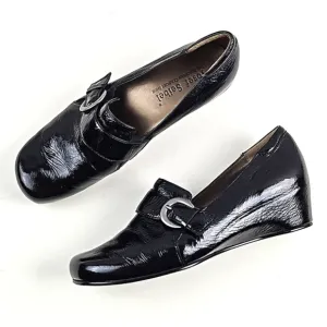 Josef Seibel Black Patent Leather Squared Toe Buckle Strap Slip On Wedge Loafer