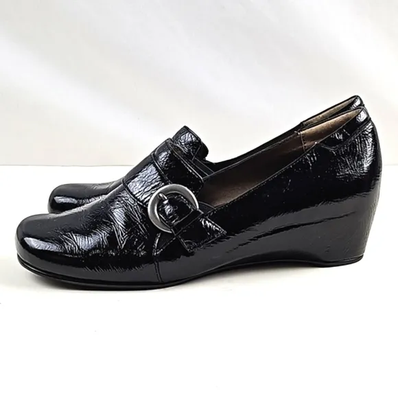 Josef Seibel Black Patent Leather Squared Toe Buckle Strap Slip On Wedge Loafer