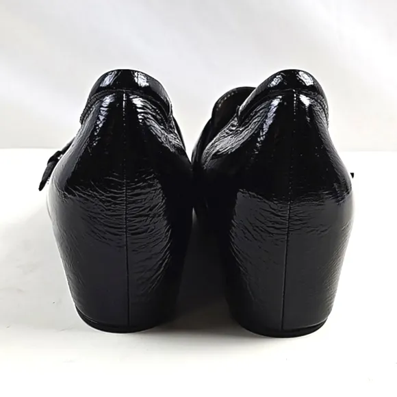 Josef Seibel Black Patent Leather Squared Toe Buckle Strap Slip On Wedge Loafer