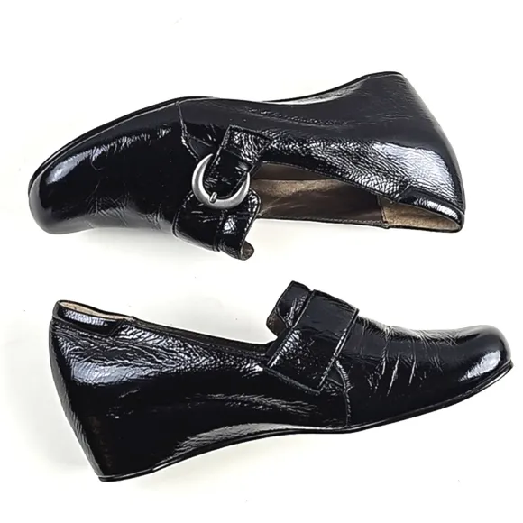 Josef Seibel Black Patent Leather Squared Toe Buckle Strap Slip On Wedge Loafer