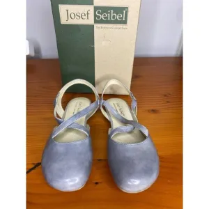 Josef Seibel Fiona 13 Light Blue Grey Leather Flats Cross-Strap &amp; Slingback 37/6