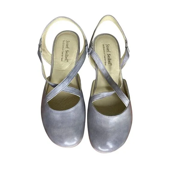 Josef Seibel Fiona 13 Light Blue Grey Leather Flats Cross-Strap &amp; Slingback 37/6