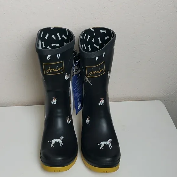 Joules Black Molly Welly Rain Boots Dog Corgi Beagle Greyhound Dalmatian US 5
