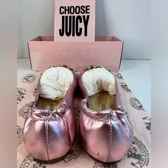 Juicy Couture Girls Pink Metallic w/Gold Ring Detail Ballet Flats Size 3