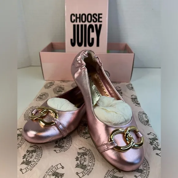 Juicy Couture Girls Pink Metallic w/Gold Ring Detail Ballet Flats Size 3
