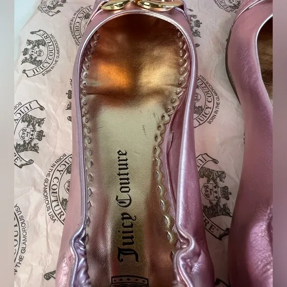 Juicy Couture Girls Pink Metallic w/Gold Ring Detail Ballet Flats Size 3