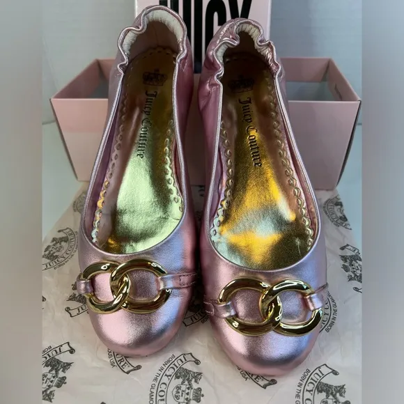 Juicy Couture Girls Pink Metallic w/Gold Ring Detail Ballet Flats Size 3
