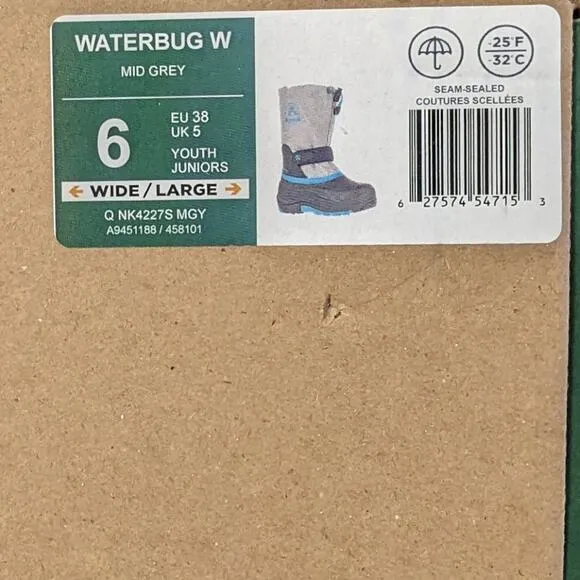 Kamik Waterbug Waterproof Winter Boots, Grey, Big Kids 6 Wide