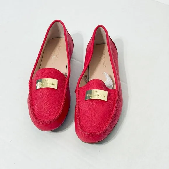 Kate Spade Corrie NWOB Sz 7.5 Coral Red Pebble Leather Women's Loafers Flat Shoe