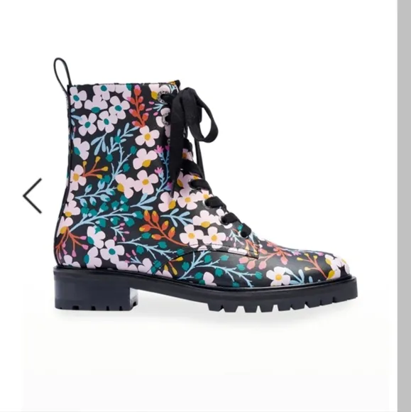 Kate Spade Jemma Womens Lace Up Combat Boots Black Multi Flower Leather