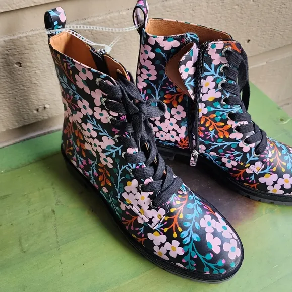 Kate Spade Jemma Womens Lace Up Combat Boots Black Multi Flower Leather