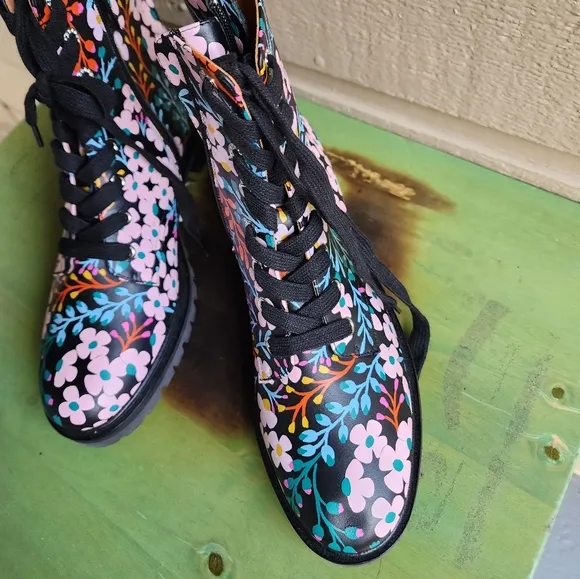Kate Spade Jemma Womens Lace Up Combat Boots Black Multi Flower Leather