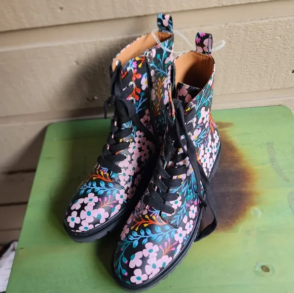 Kate Spade Jemma Womens Lace Up Combat Boots Black Multi Flower Leather