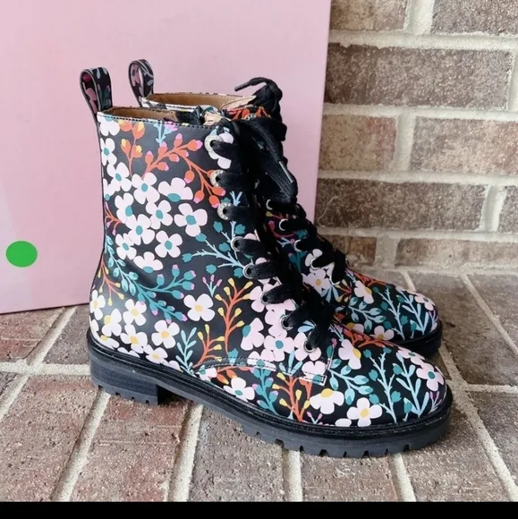 Kate Spade Jemma Womens Lace Up Combat Boots Black Multi Flower Leather