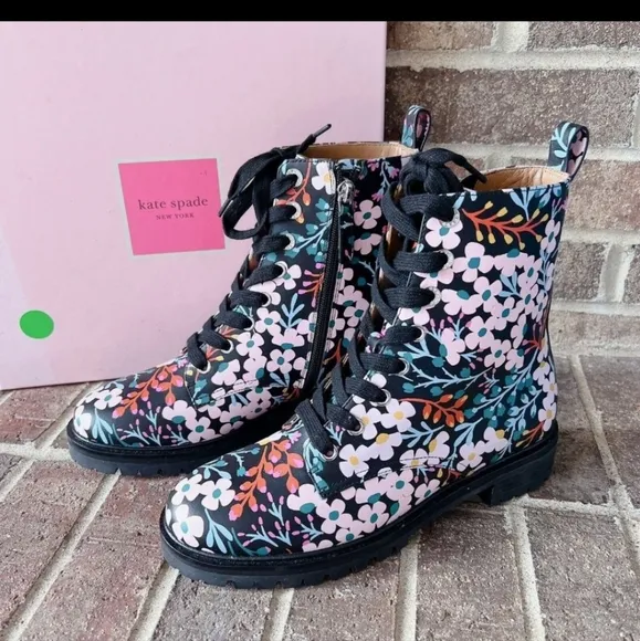 Kate Spade Jemma Womens Lace Up Combat Boots Black Multi Flower Leather