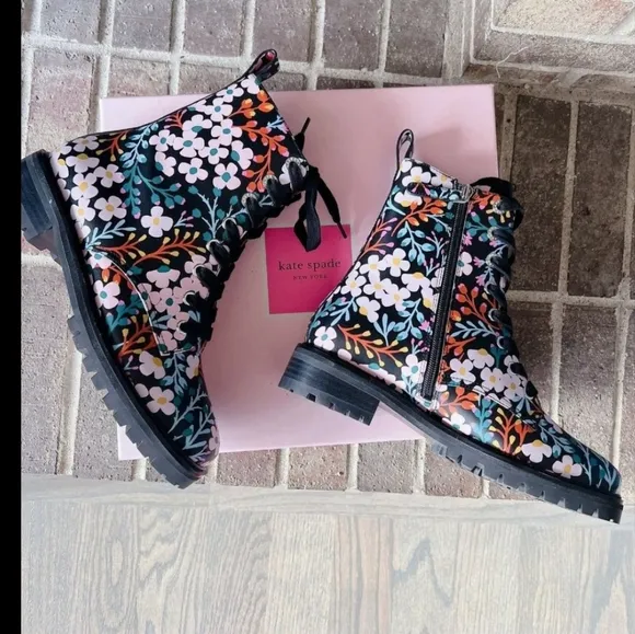 Kate Spade Jemma Womens Lace Up Combat Boots Black Multi Flower Leather