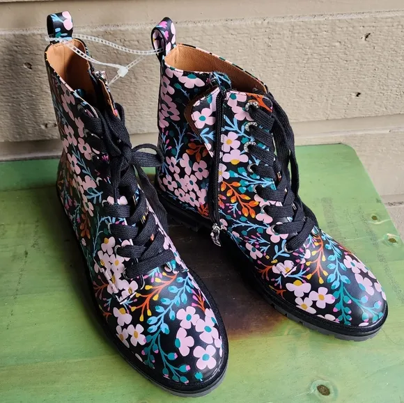 Kate Spade Jemma Womens Lace Up Combat Boots Black Multi Flower Leather