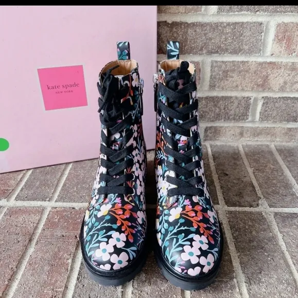 Kate Spade Jemma Womens Lace Up Combat Boots Black Multi Flower Leather