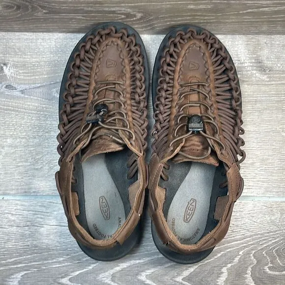 Keen Uneek Brown Leather Men’s Sz 10 Slip On Bungee Cord Rope Boat Water Sandals