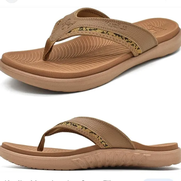 KuaiLu Leather Sport Flip Flops Comfort Orthotic Thong size 13 Brown Sandals NEW
